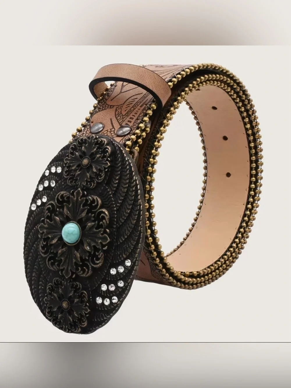 Western Floral Tooled Brown PU Leather Belt with Turquoise Accent